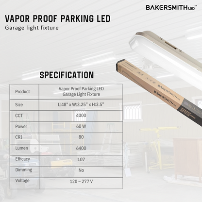 Bakersmith LED Vapor Proof Parking Garage Light Fixture, 4ft LED Shop Light, 60W 6400 Lumens, 4000K Neutral White, Durable Indoor/Outdoor Commercial Light for Garage, Workshop & Warehouse